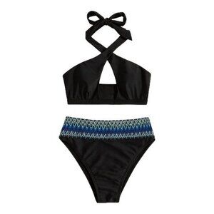 Women's Black Halter High Waist Bikini Swimsuit Stitched Size Small NWT #1918